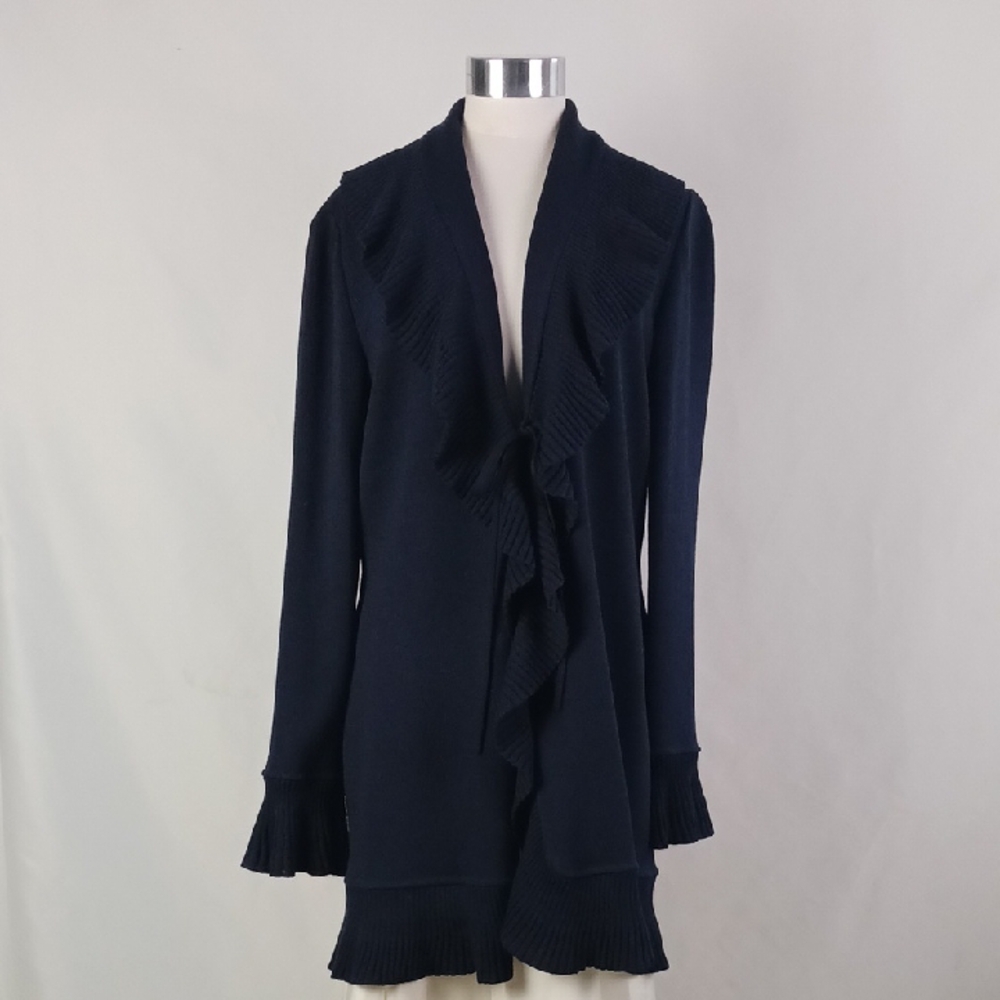 St. John Navy Ruffle-Trim Open Front Cardigan
